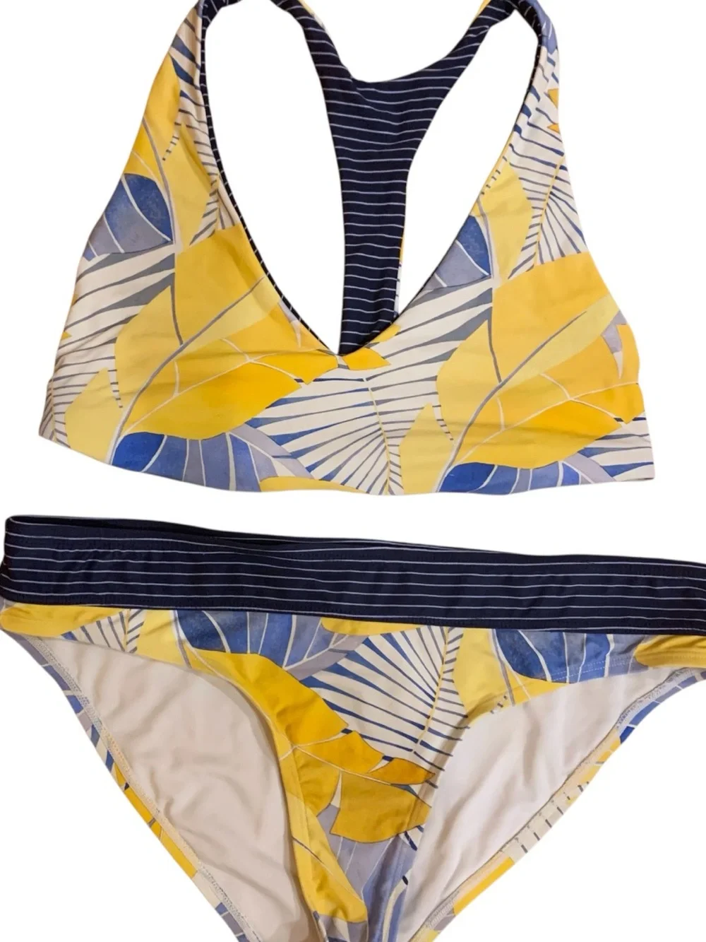 Carve Designs Reversible Yellow & Navy Tropical Leaf Stripes Bikini Set Large - Picture 2 of 7